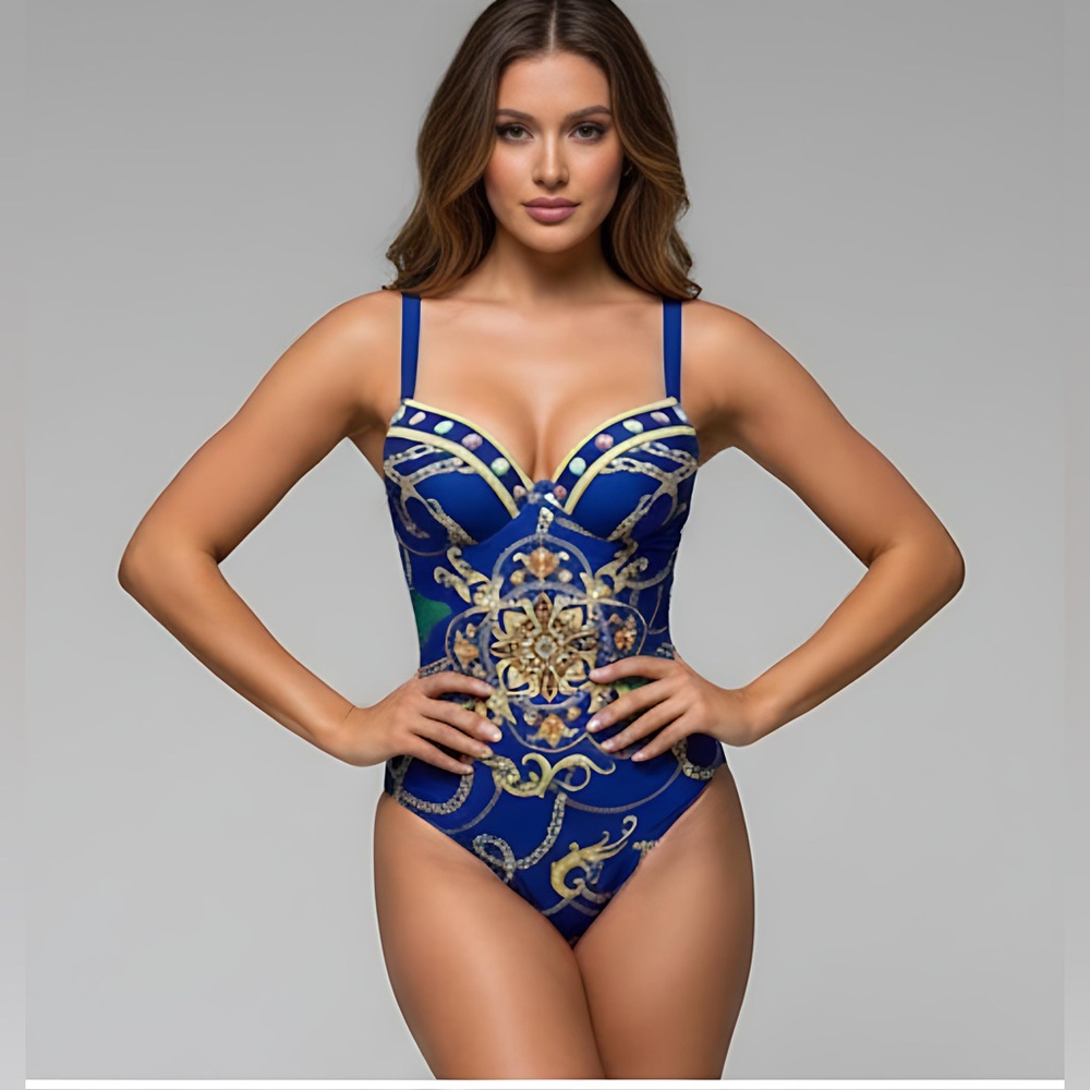 Blue Chain Print Push Up One Piece Swimsuit With Beach Skirt - Picture 3 of 11